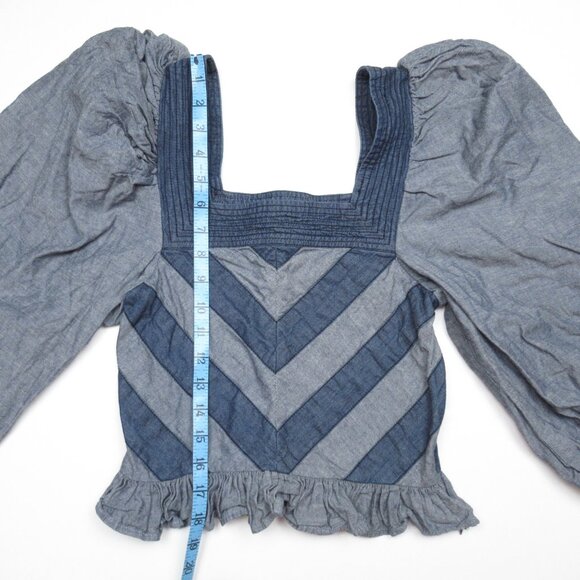 Anthropologie Love The Label Chevron Smocked Puff-Sleeve Blouse Blue XS - Picture 5 of 8